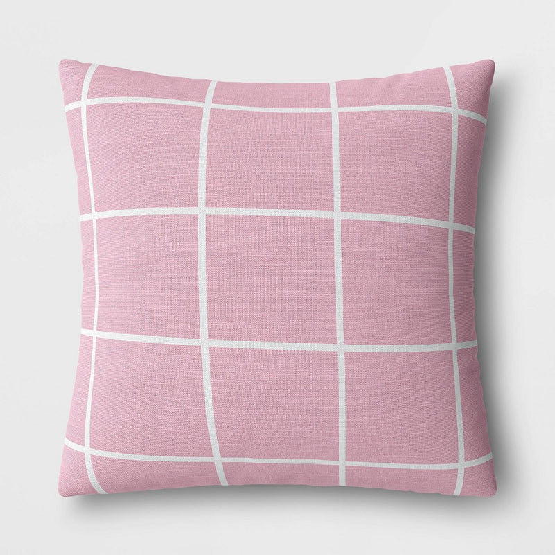 2pk Daisy and Grid Printed Woven Cotton PIllows Pink - Room Essentials: Indoor Square Cushion Set, OEKO-TEX Certified