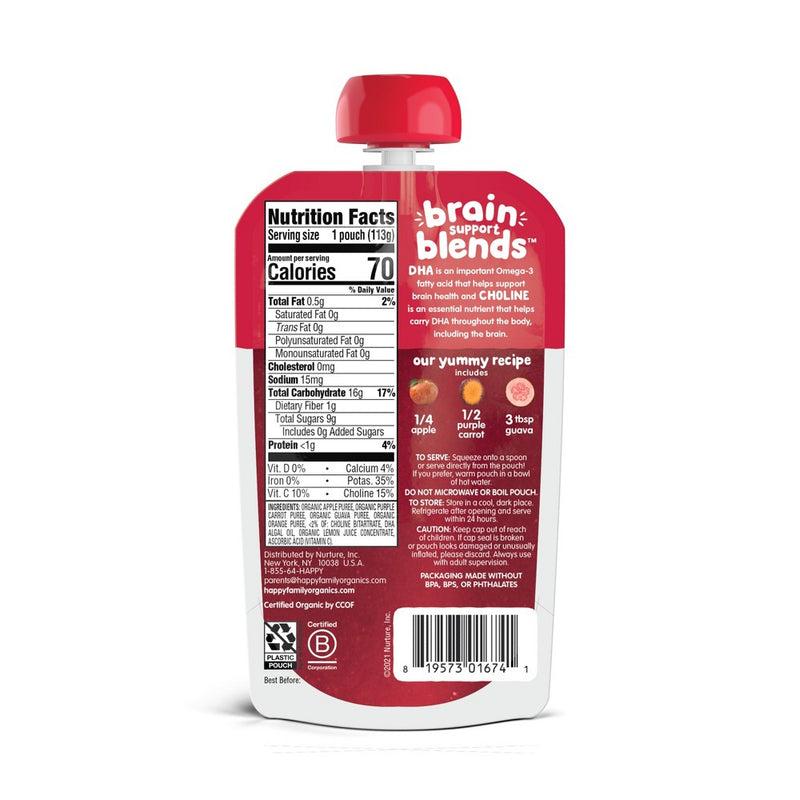 Happy Baby Brain Support Blends, Organic Stage 2 Baby Food with DHA & Choline - 4oz