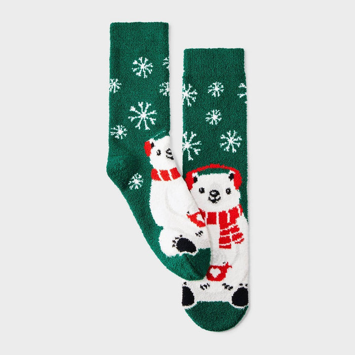 Men's Winter Polar Bear Cozy Crew Socks with Gift Card Holder - Wondershop Dark Green 6 -12
