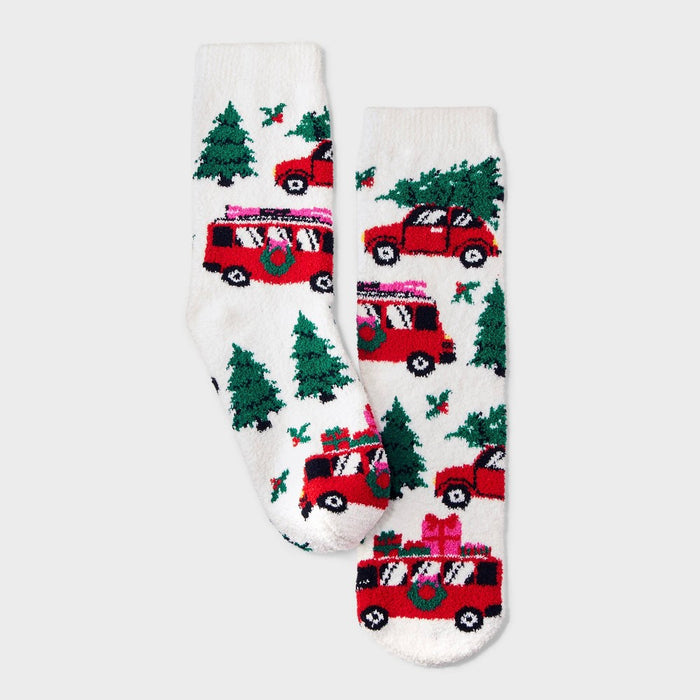 Women's Winter Road Trip Cozy Christmas Crew Socks with Gift Card Holder - Wondershop White 4-10