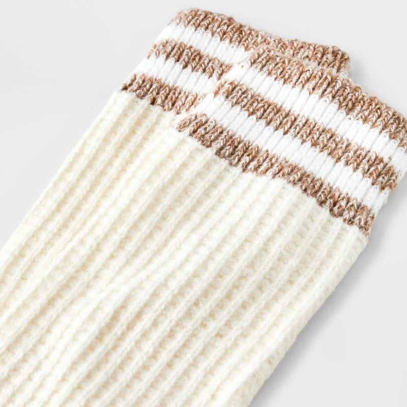 Women's Varsity Striped Waffle Knit Supersoft Crew Boot Socks - Universal Thread Ivory 4-10