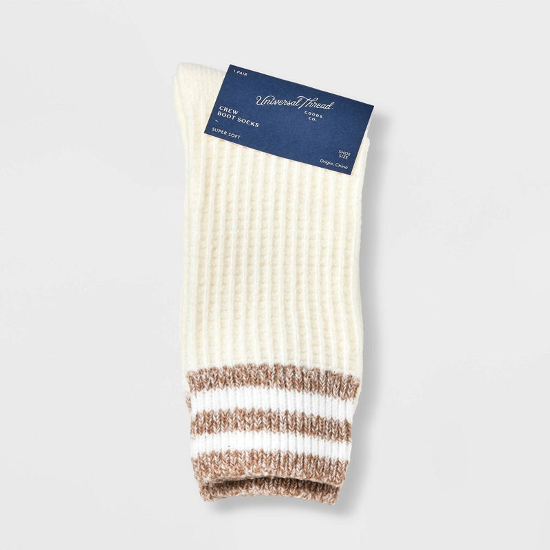 Women's Varsity Striped Waffle Knit Supersoft Crew Boot Socks - Universal Thread Ivory 4-10