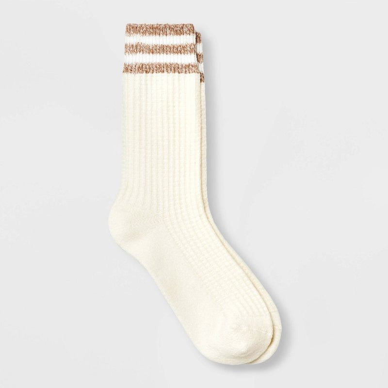 Women's Varsity Striped Waffle Knit Supersoft Crew Boot Socks - Universal Thread Ivory 4-10