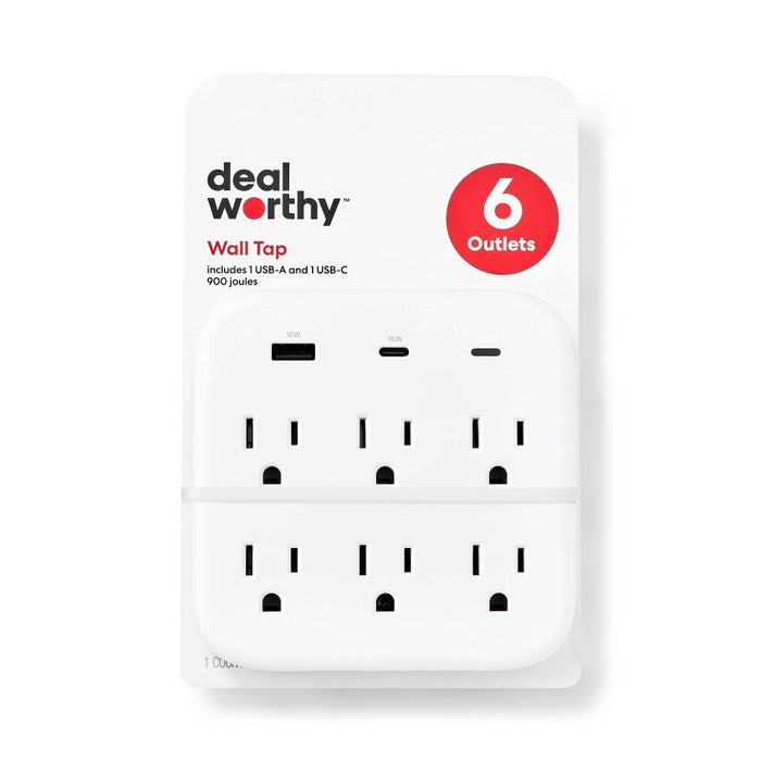 6-Outlet Surge Protector Wall Tap 900J with USB C and USB A - dealworthy White