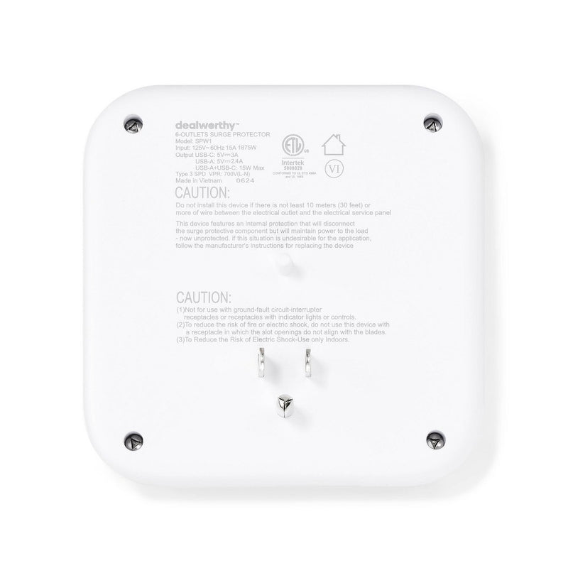 6-Outlet Surge Protector Wall Tap 900J with USB C and USB A - dealworthy White