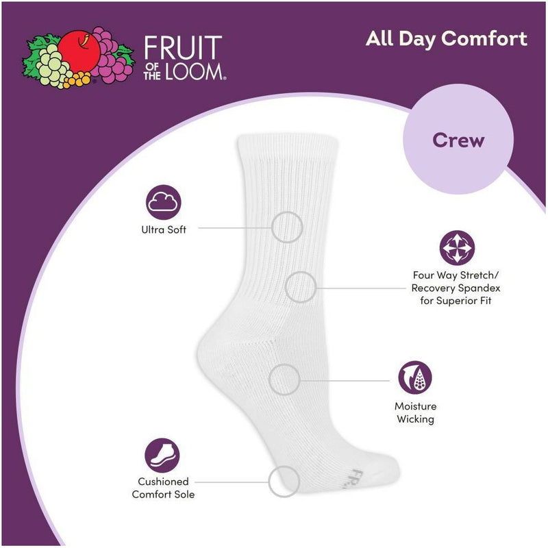 Fruit of the Loom Women's 6pk Comfort Cushion Crew Socks - White 8-12