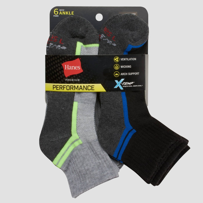 Hanes Premium Boys' 6pk Ankle Athletic Socks - Colors May Vary M