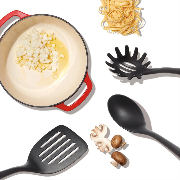 OXO 3pc Nylon Utensil Set Black: Kitchen Utensils with Soft-Grip Handle, Includes Pasta Spoon & Slotted Turner