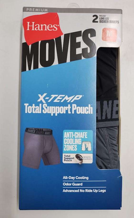 Hanes Moves Premium Men's Anti-Chafe Total Support Pouch X-Temp Long Leg Boxer Briefs 2pk M