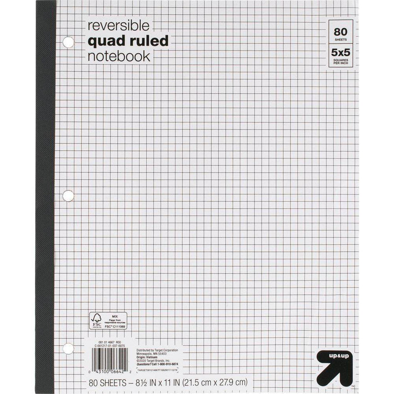 Reversible Quad Ruled Composition Notebook 8.5" x 11" 80 Sheets - up&up: Graphing Grid, Perforated, 3 Hole Punched