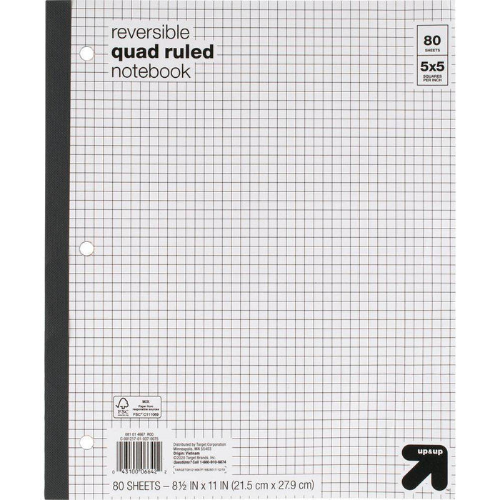 Reversible Quad Ruled Composition Notebook 8.5" x 11" 80 Sheets - up&up: Graphing Grid, Perforated, 3 Hole Punched