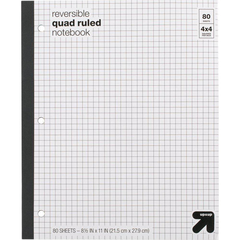 Reversible Quad Ruled Composition Notebook 8.5" x 11" 80 Sheets - up&up: Graphing Grid, Perforated, 3 Hole Punched