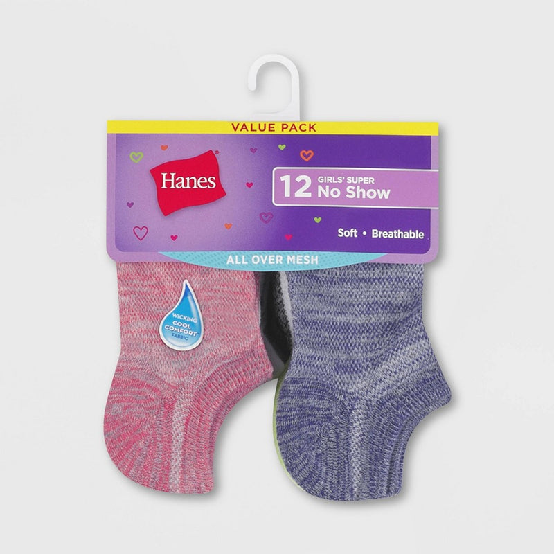 Hanes Girls' 11 + 1 Bonus Pack Super No Show Athletic Socks - Colors May Vary L