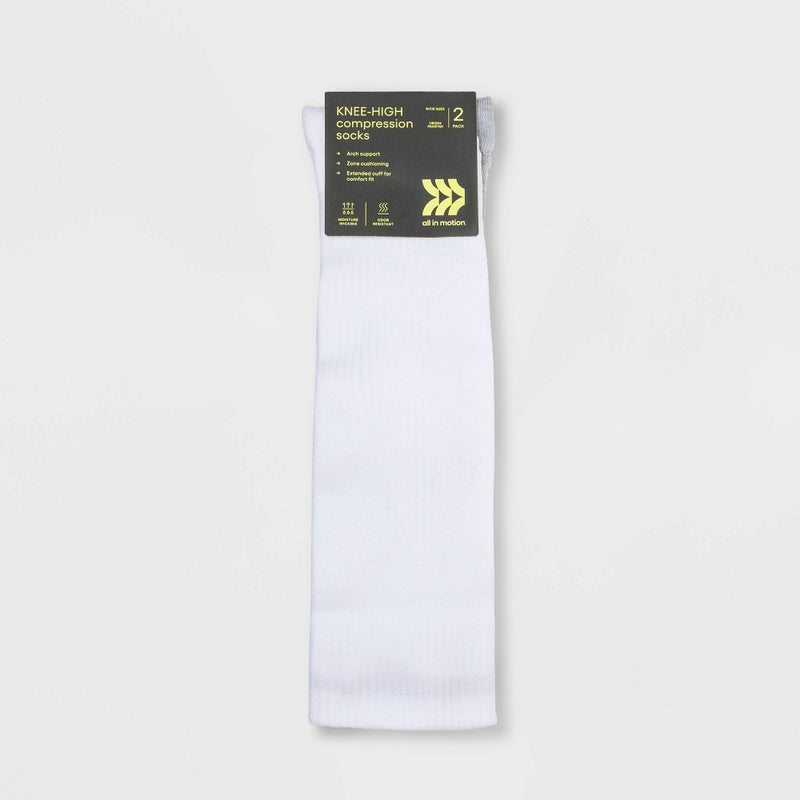 Women's Compression 2pk Knee High Athletic Socks - All In Motion White/Gray 4-10