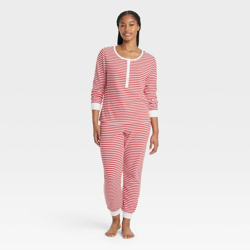 Women's Striped Thermal Long Sleeve Henley Top and Jogger Pants Pajama Set - Auden Red S