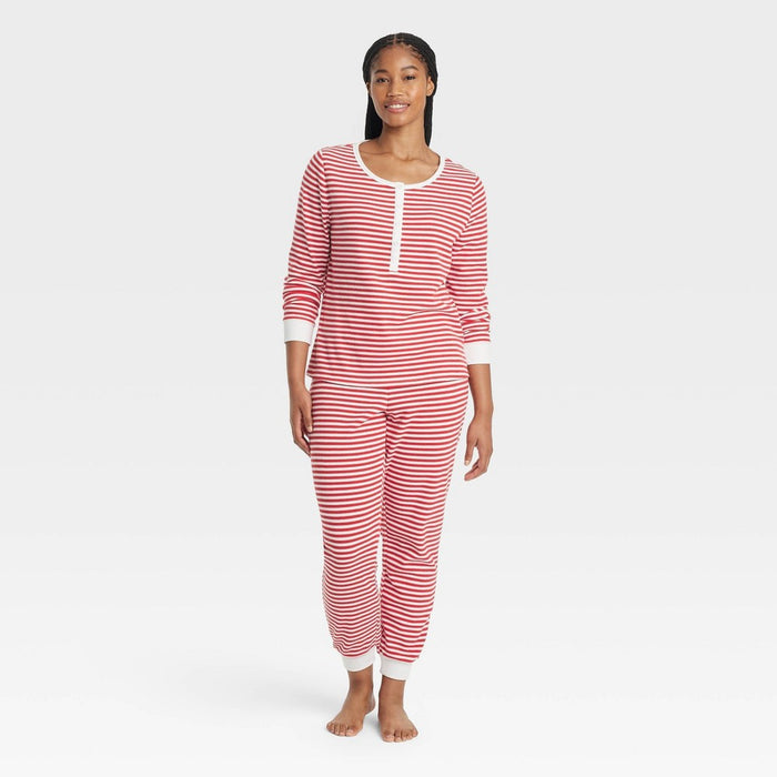 Women's Striped Thermal Long Sleeve Henley Top and Jogger Pants Pajama Set - Auden Red S