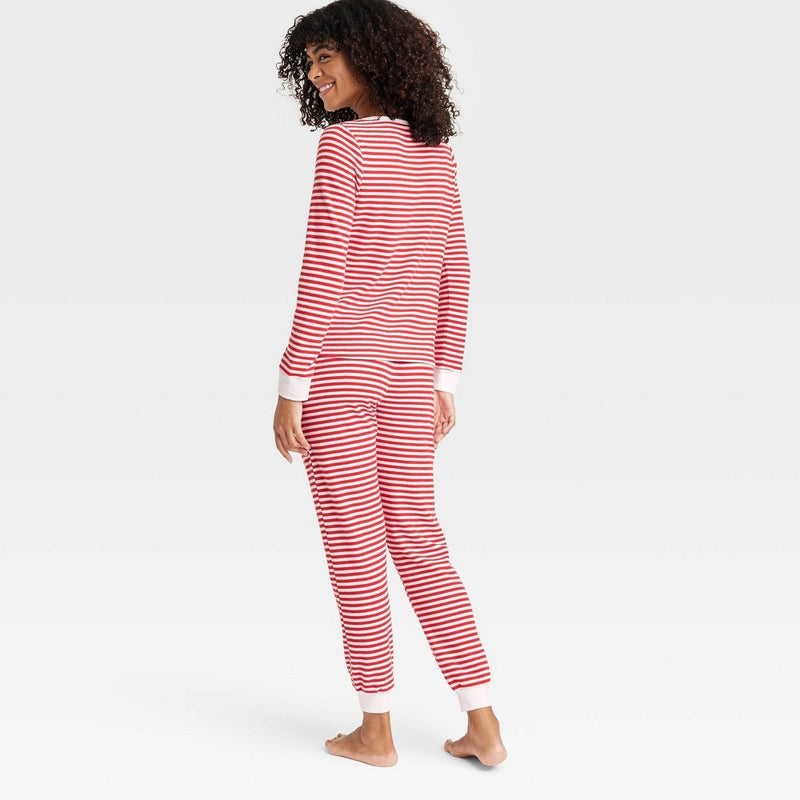 Women's Striped Thermal Long Sleeve Henley Top and Jogger Pants Pajama Set - Auden Red S