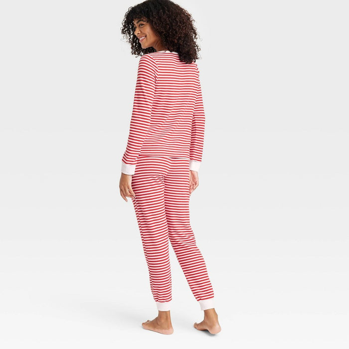 Women's Striped Thermal Long Sleeve Henley Top and Jogger Pants Pajama Set - Auden Red S