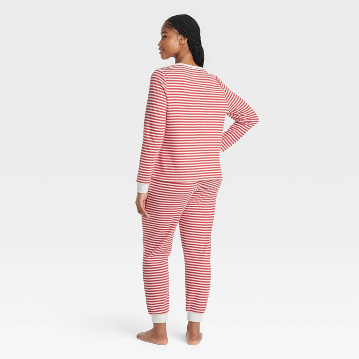 Women's Striped Thermal Long Sleeve Henley Top and Jogger Pants Pajama Set - Auden Red S