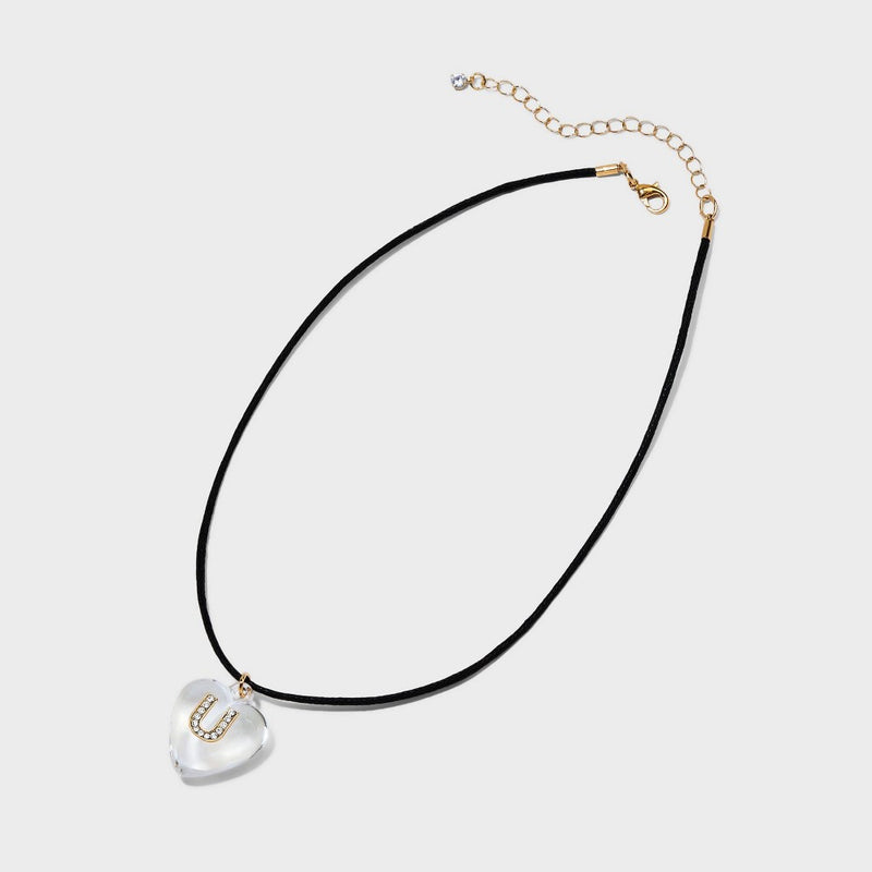 Acrylic Heart "U" with Face Gems Pendant Necklace - Wild Fable Clear/Black