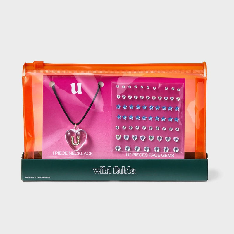 Acrylic Heart "U" with Face Gems Pendant Necklace - Wild Fable Clear/Black