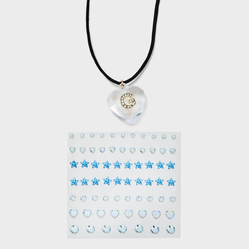Acrylic Heart "G" with Face Gems Pendant Necklace - Wild Fable Clear/Black