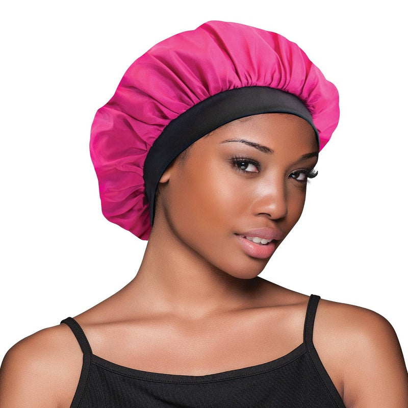 Evolve Products Satin Hair Bonnets - Fuchsia/Black - 2pk