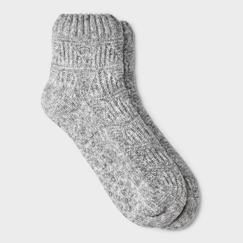 Women's Pointelle Sweater Knit Reading Ankle Socks with Faux Shearling Lining and Grippers - Heather Gray 4-10