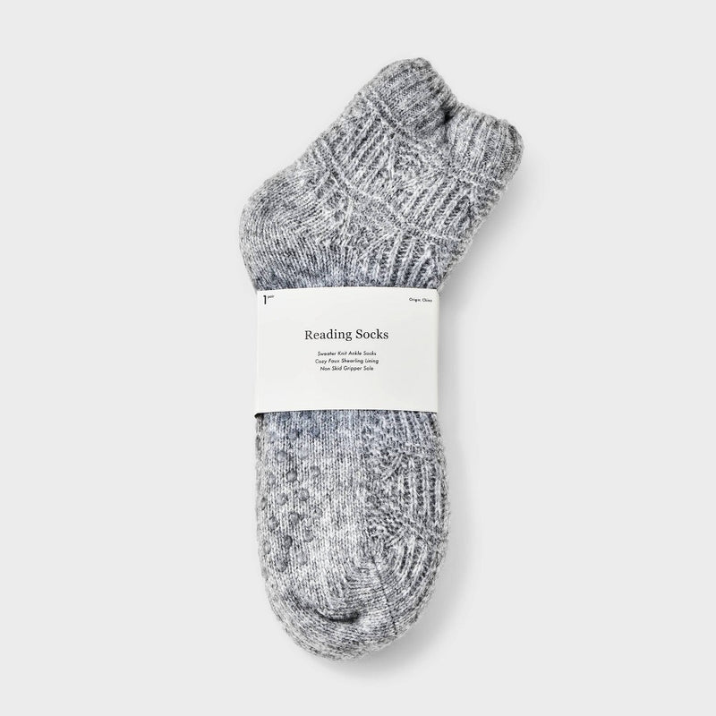 Women's Pointelle Sweater Knit Reading Ankle Socks with Faux Shearling Lining and Grippers - Heather Gray 4-10