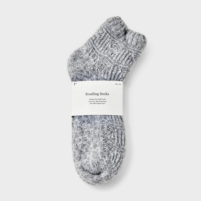 Women's Pointelle Sweater Knit Reading Ankle Socks with Faux Shearling Lining and Grippers - Heather Gray 4-10