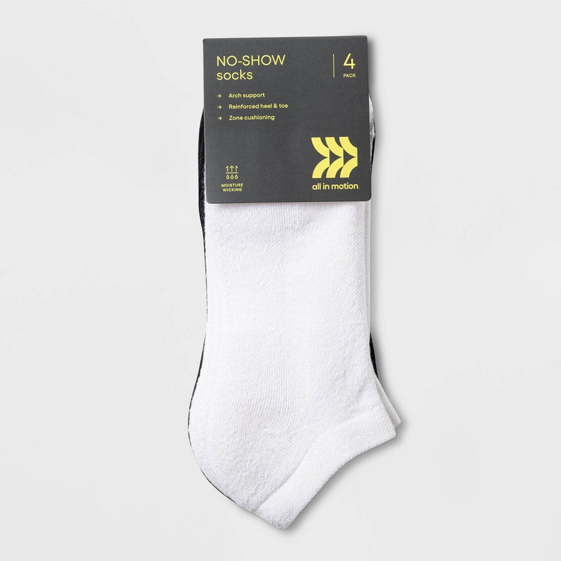 Women's Cushioned 4pk No Show Athletic Socks - All In Motion White/Black 4-10