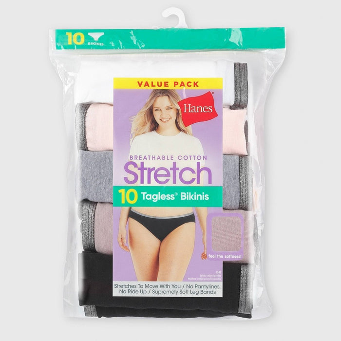 Hanes Women's 10pk Cool comfort Cotton Stretch Bikini Underwear - Black/Gray/White 7