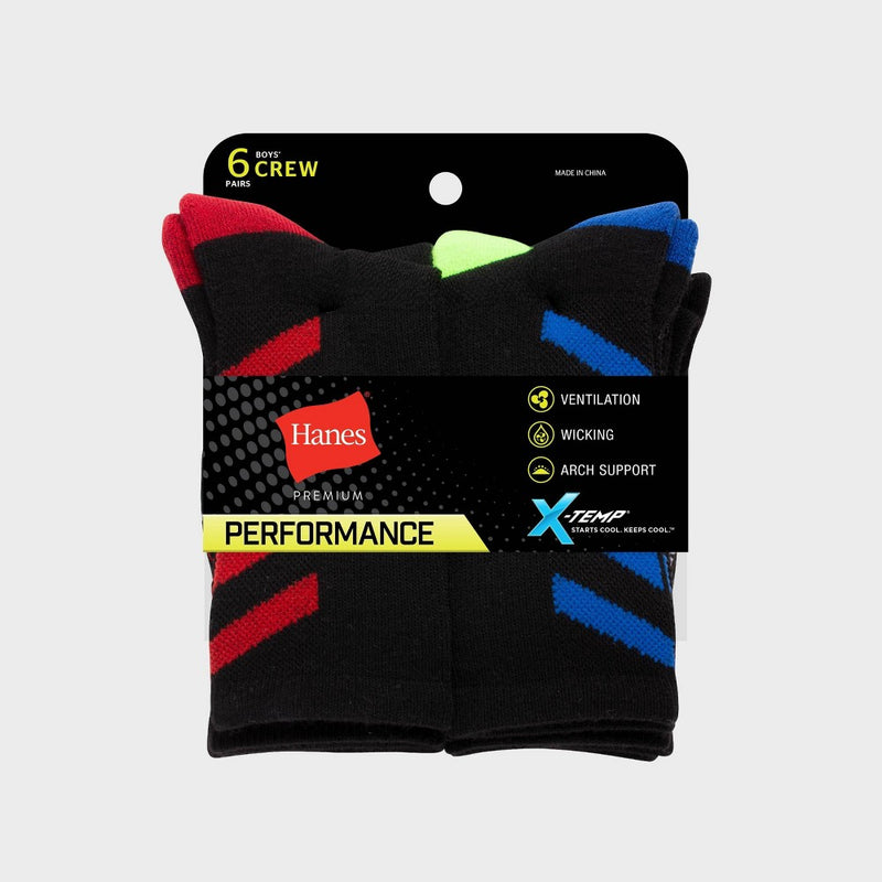Hanes Premium Boys' 6pk Striped Crew Athletic Socks - Colors May Vary M