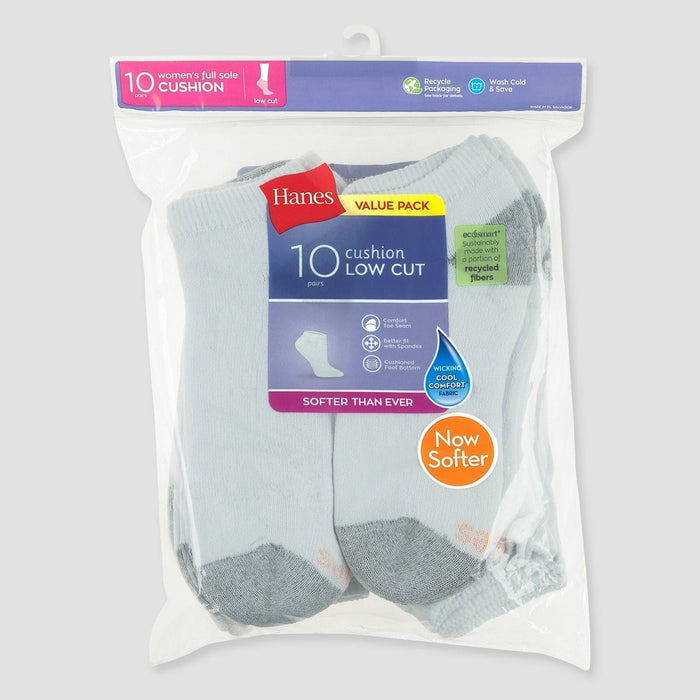Hanes Women's Extended Size Cushioned 10pk Low Cut Socks - White 8-12