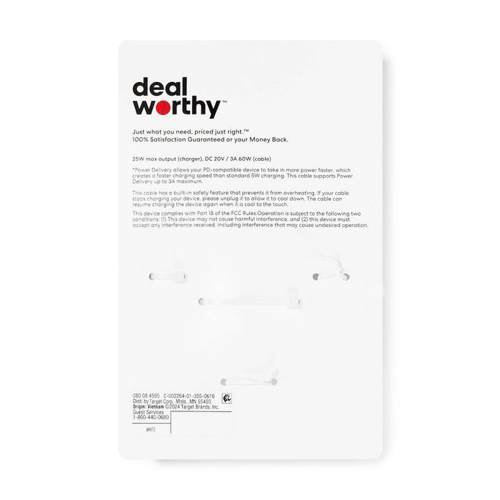 2-Port 25W Wall Charger with 3' USB-C to USB-C Cable - dealworthy White