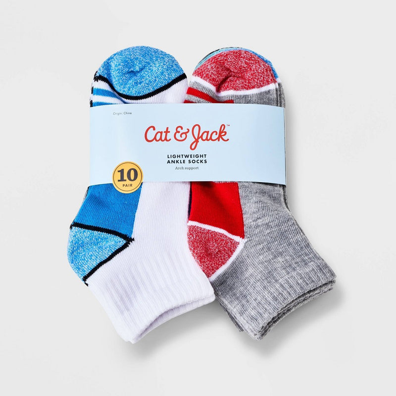 Boys' 10pk Striped Lightweight Ankle Socks - Cat & Jack White/Gray M