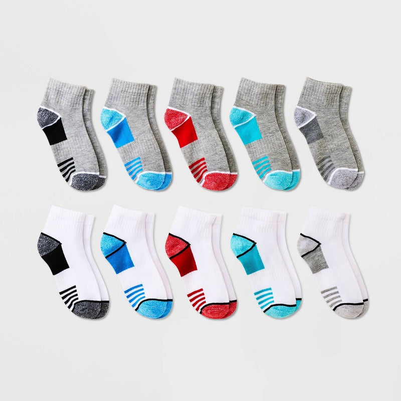 Boys' 10pk Striped Lightweight Ankle Socks - Cat & Jack White/Gray M
