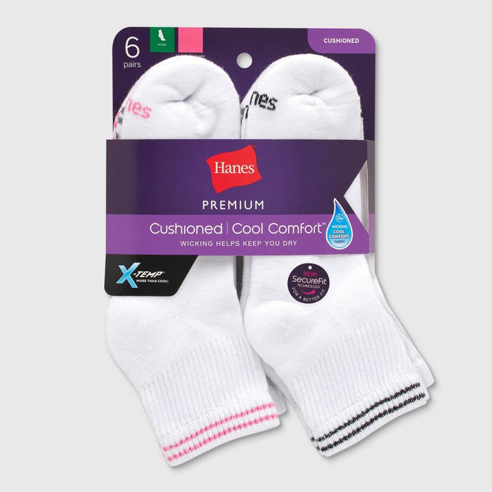 Hanes Women's Striped Cushioned 6pk Ankle Socks - White/Pink/Black 5-9
