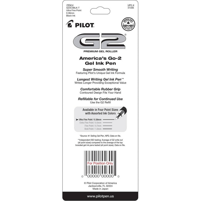 Pilot 3ct G2 Gel Pens Ultra Fine Point 0.38mm Black Ink: Retractable, Rubber Grip, Stationery & Office Supplies