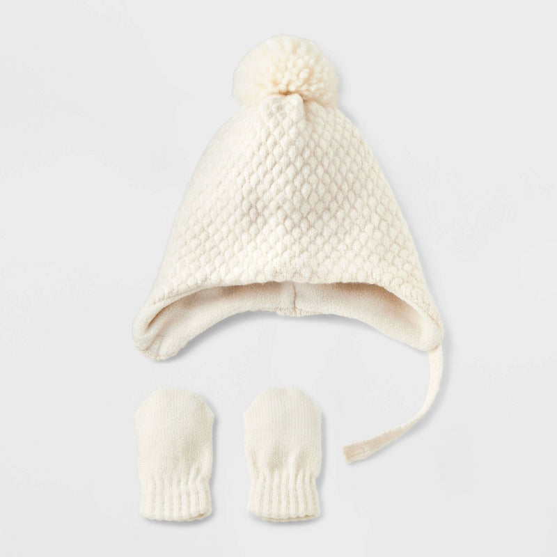 Baby Pom Hat and Mitten Set - Cat & Jack Cream 6-12M