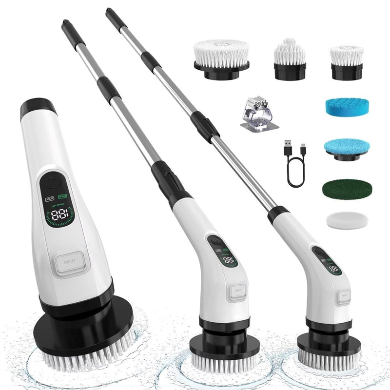 Electric Spin Scrubber With Long Handle: ALPONO Cordless Power Shower Scrubber Spin Brush With 7 Brush Replacement Heads For Cleaning Bathroom,Tub, Tile (Black)