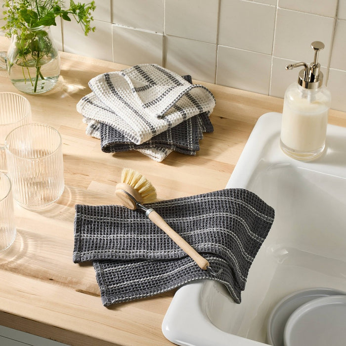 4pk Dish Cloth Set Dark Gray - Figmint: Cotton Waffle Stripe Kitchen Towels, 12"x12", Machine Washable