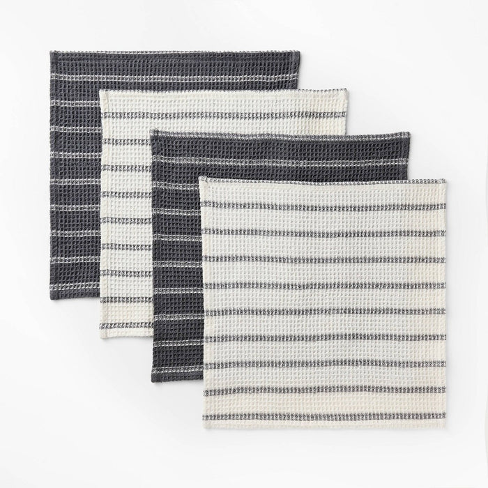 4pk Dish Cloth Set Dark Gray - Figmint: Cotton Waffle Stripe Kitchen Towels, 12"x12", Machine Washable