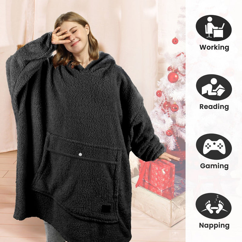 Tirrinia Fleece Blanket Hoodie Sweatshirt for Womens, Oversized Wearable Blanket Pullover with Hooded, One Size, Gift for Her, Black