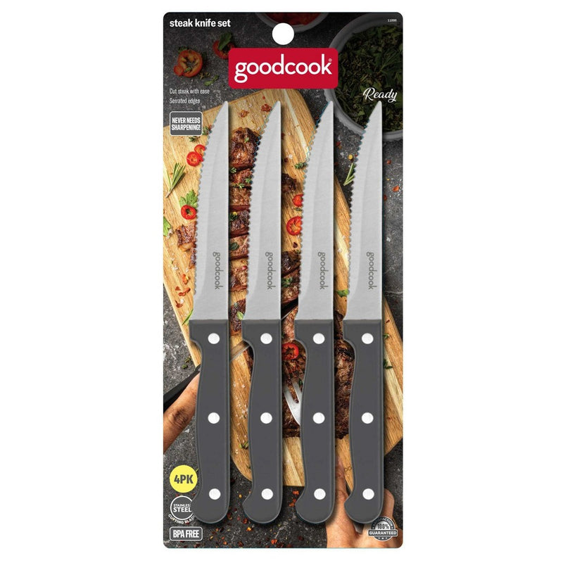 GoodCook Ready 4pc Triple Rivet Steak Knife Set: High Carbon Stainless Steel Blades, Black Handles, Hand Wash