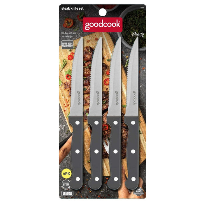 GoodCook Ready 4pc Triple Rivet Steak Knife Set: High Carbon Stainless Steel Blades, Black Handles, Hand Wash