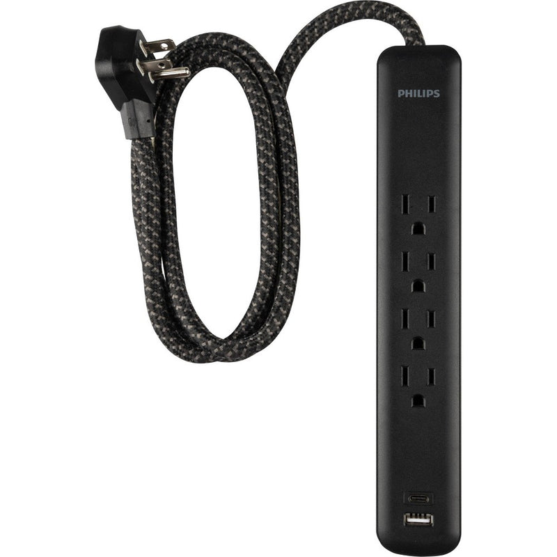 Philips Surge Protector 4ft 4-Outlet USB-A USB-C 450 Joules Braided Cord Flat Plug - Black