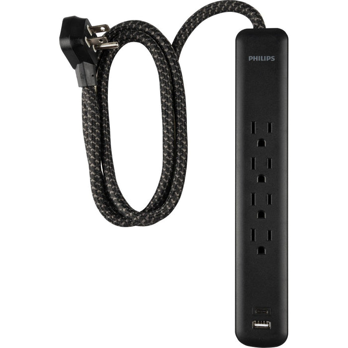 Philips Surge Protector 4ft 4-Outlet USB-A USB-C 450 Joules Braided Cord Flat Plug - Black