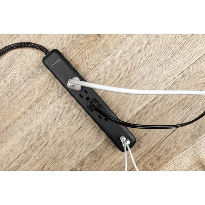 Philips Surge Protector 4ft 4-Outlet USB-A USB-C 450 Joules Braided Cord Flat Plug - Black