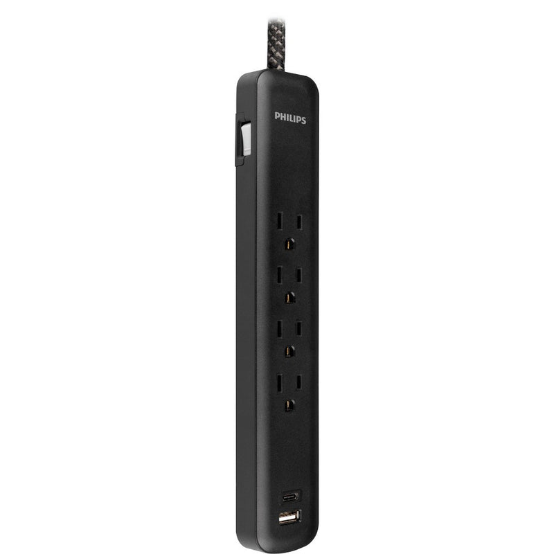 Philips Surge Protector 4ft 4-Outlet USB-A USB-C 450 Joules Braided Cord Flat Plug - Black